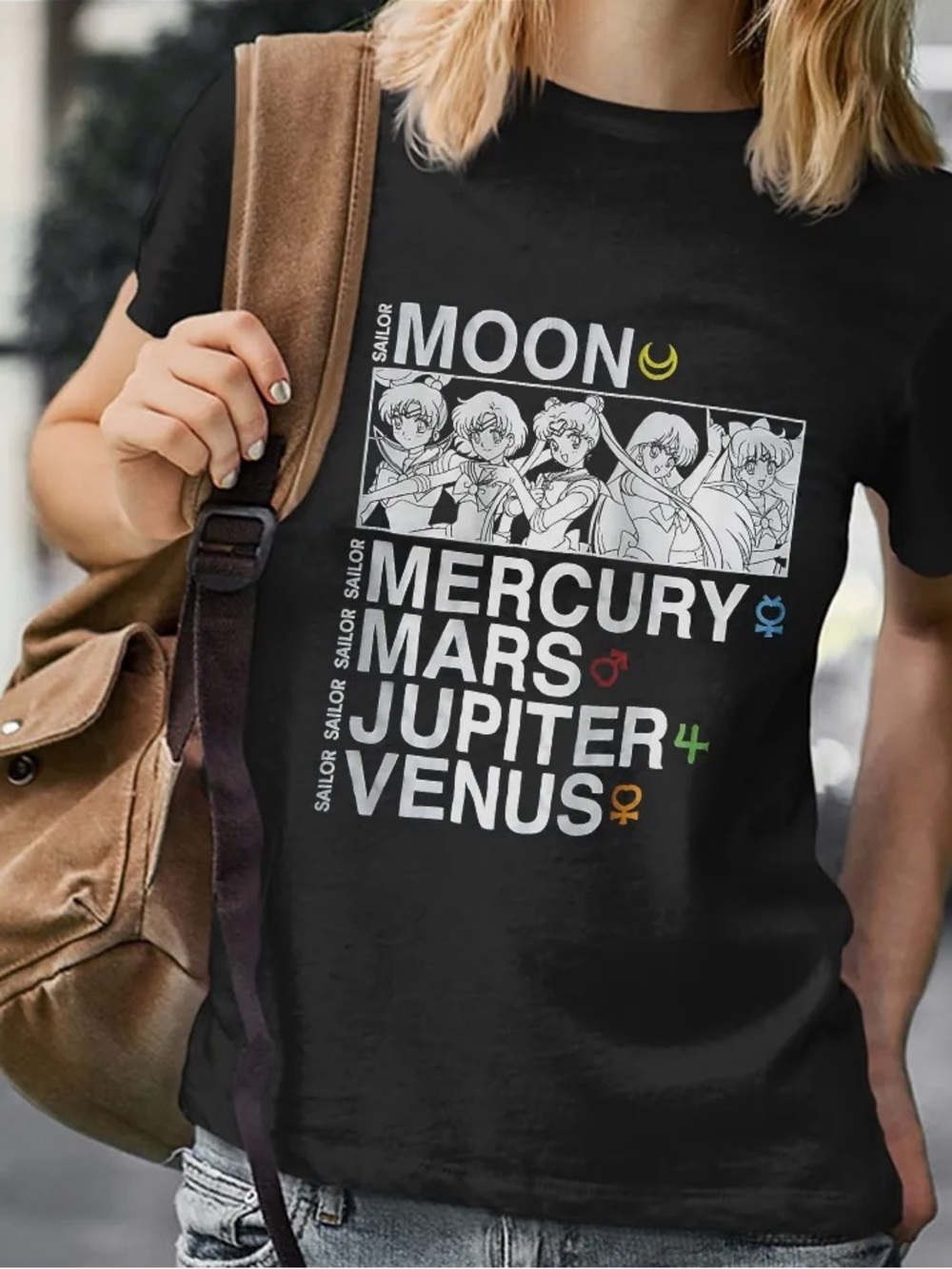 Sailor Moon Graphic Black T-Shirt - Moon, Mercury, Mars, Jupiter, Venus